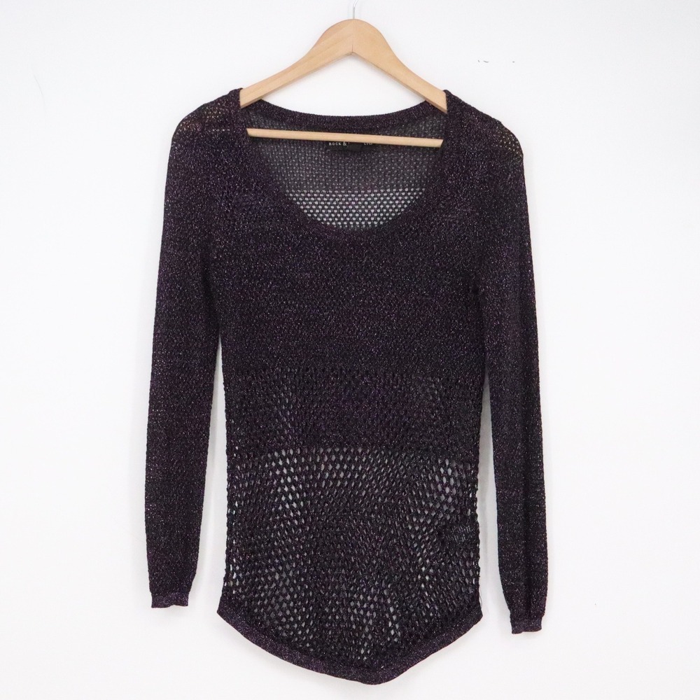 Rock & Republic Sweater Women XS Purple Shimmer Open Mesh Long Sleeve Excellent